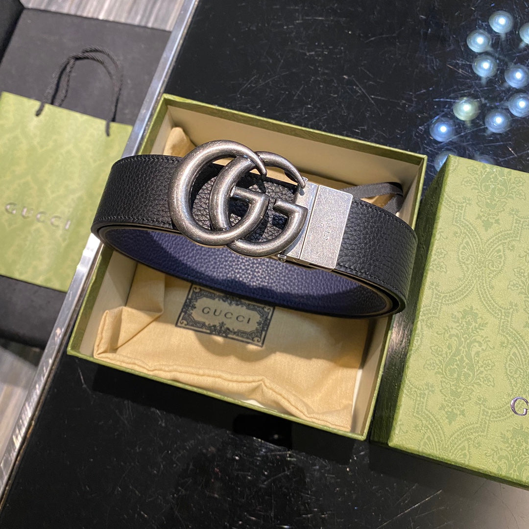 Men's Gold Logo Smooth Buckle Black Leather Thin Belt Width 3.8cm #72694