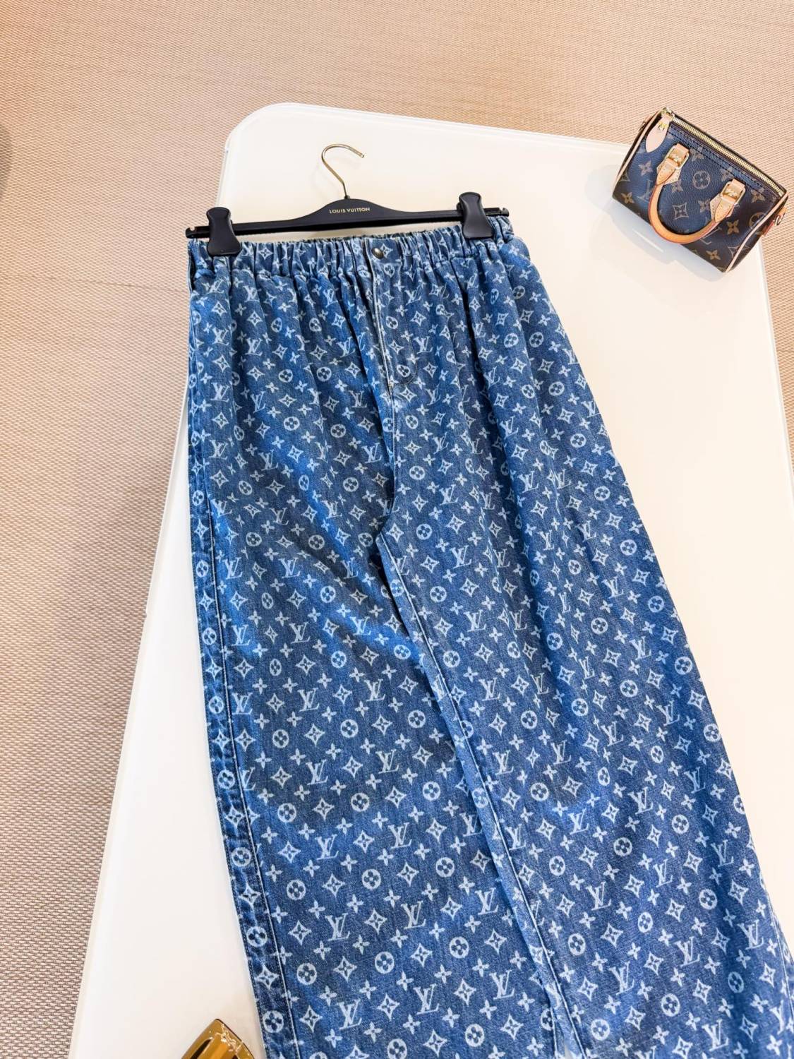 Monogram Jeans Women's Luxury Elastic Waist Drawstring Straight Jeans Fashion Temperament Trend Denim Pants  #81451