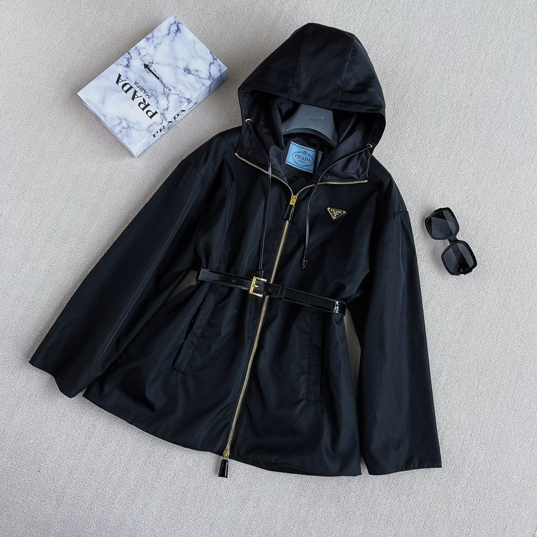 Women's Spring and Autumn Black Drawstring Hooded Nylon Casual Zipper Jacket #72581