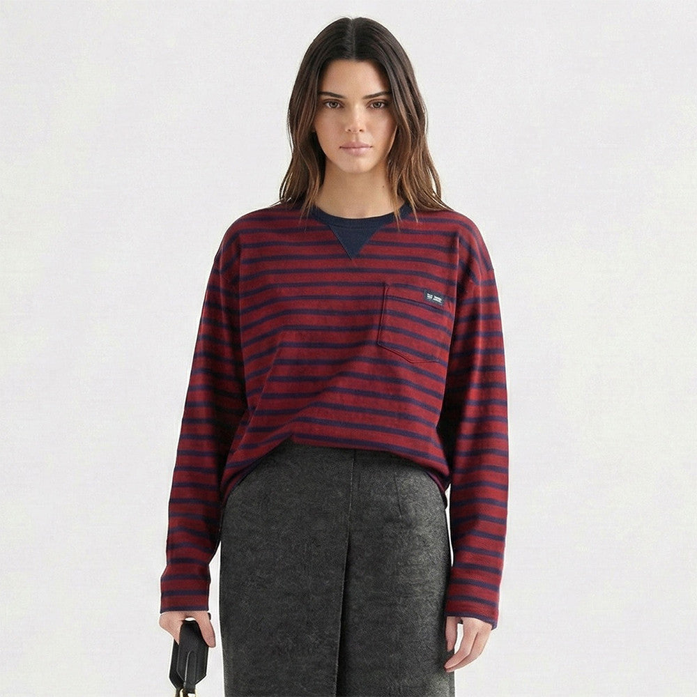 Women's Autumn/Winter 2025 Red and blue stripes Pure cotton long-sleeved T-shirt Sweatshirt #194159
