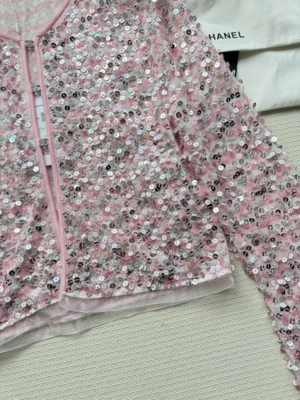 Women's Spring And Summer Sequin Design Round Neck Single-breasted Pink Long sleeved Knit Sweater Jacket #73656