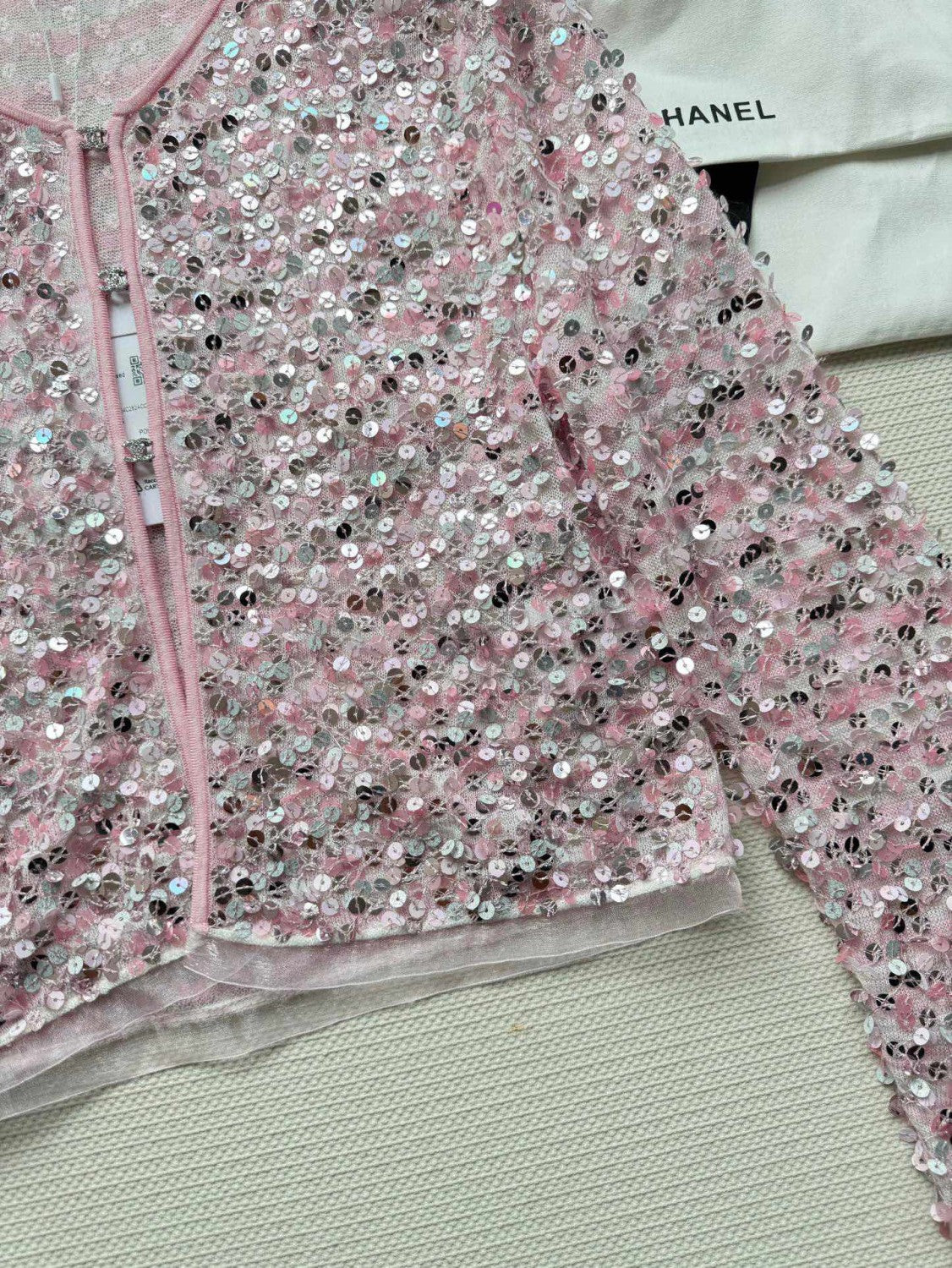 Women's Spring And Summer Sequin Design Round Neck Single-breasted Pink Long sleeved Knit Sweater Jacket #73656