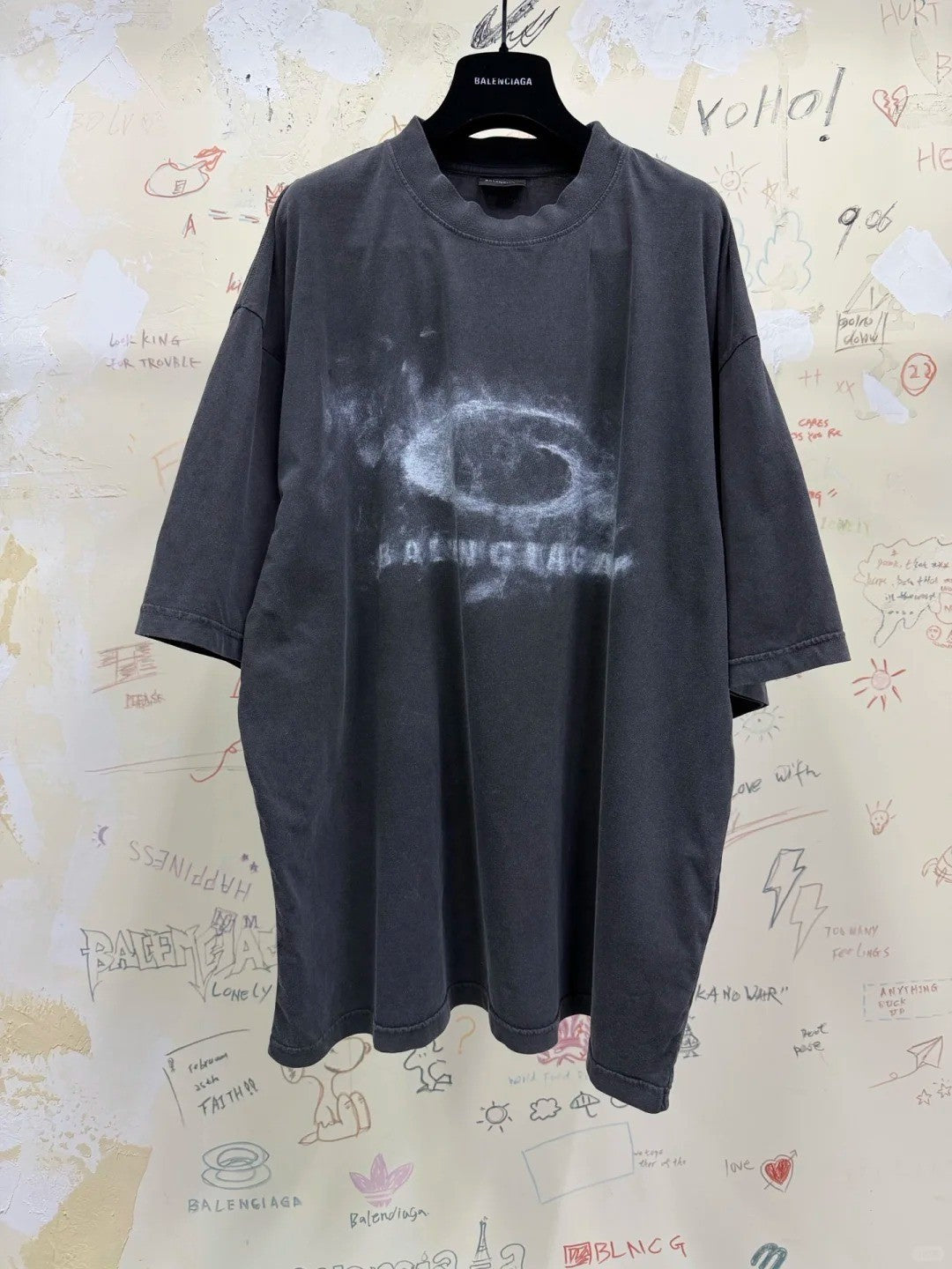 Top-quality Version Washed Crayon Loop T-shirt Medium Fit Spring/Summer Snap-Button Direct-Print Oversized Crew Neck Short-Sleeve T-Shirt #82563A