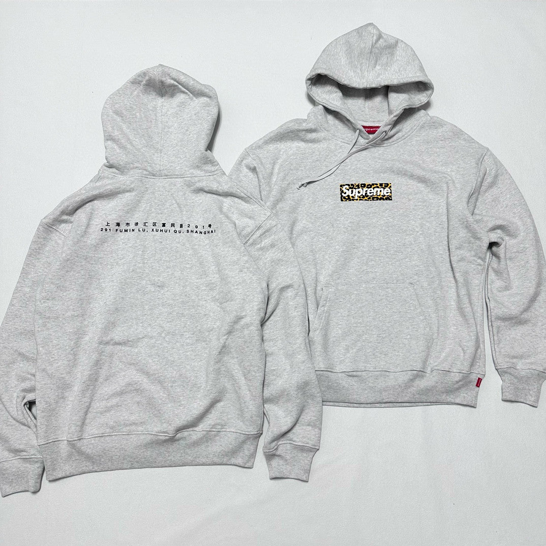Men's and Women's Autumn/Winter Shanghai Opening Limited Collection Leopard Print Box Logo Grey Hooded Sweatshirt #99441