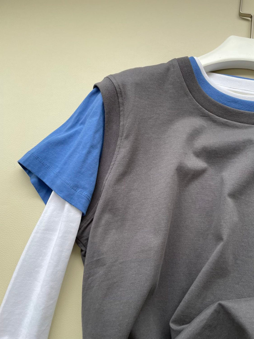 Women's Summer Clashing Color Embroidery Letter Logo Round Neck 3 Piece Layered T-Shirt Set #72878