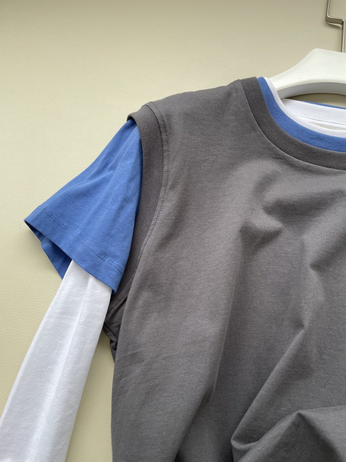 Women's Summer Clashing Color Embroidery Letter Logo Round Neck 3 Piece Layered T-Shirt Set #72878