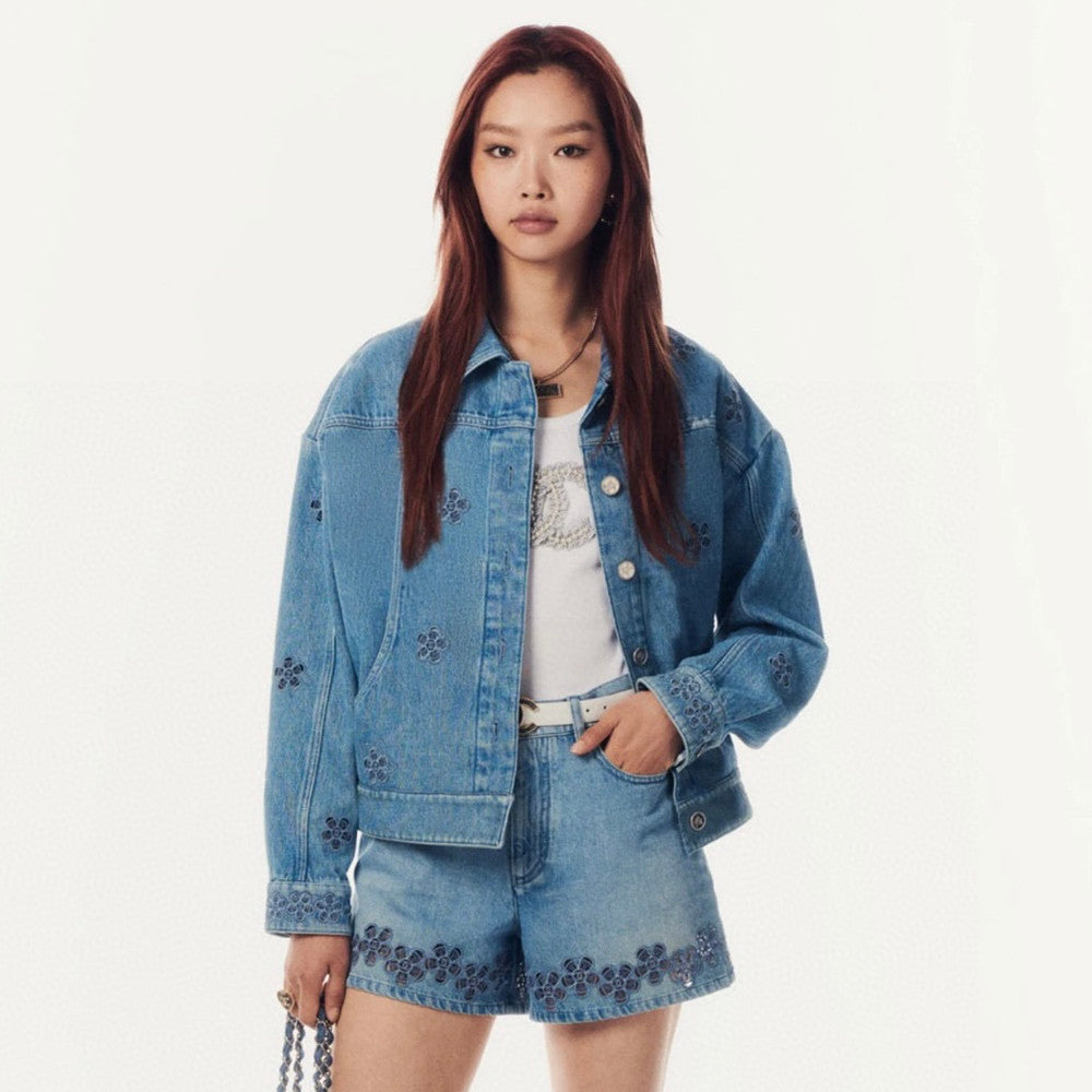Women's Spring And Fall Blue Hollow Camellia Embroidery Printing Single breasted Long sleeved Denim Jacket Denim Shorts Suit Set #72615