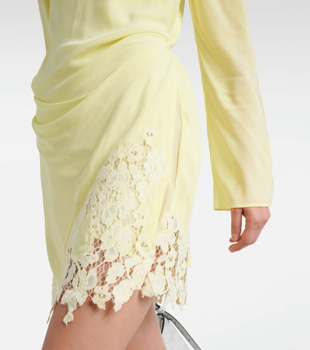 Women's Summer Yellow Lace Side Shoulder Hollow Tie Long Sleeve Fitted Dresses Ngvp #8747