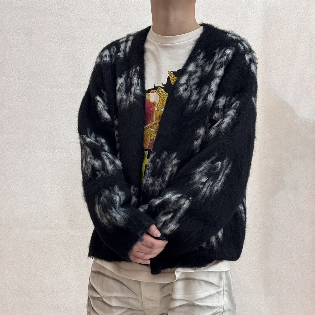 Denim Tears X Saint Michael Men's Vintage Black And White Kapok Wool Knit Sweater Fashion Casual Mohair Cardigan Single Breasted Knitted Jacket Ngvp #9824