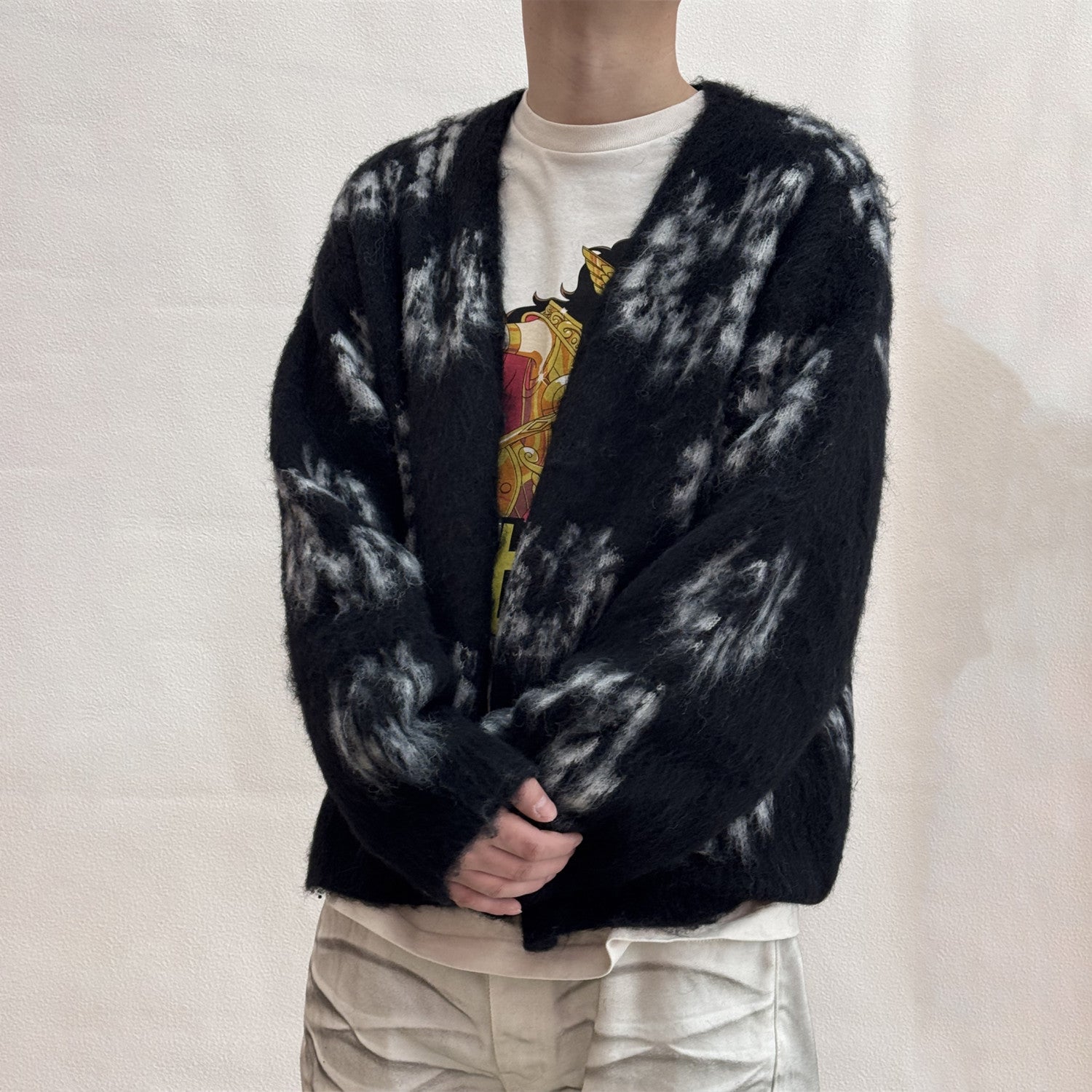 Denim Tears X Saint Michael Men's Vintage Black And White Kapok Wool Knit Sweater Fashion Casual Mohair Cardigan Single Breasted Knitted Jacket Ngvp #9824