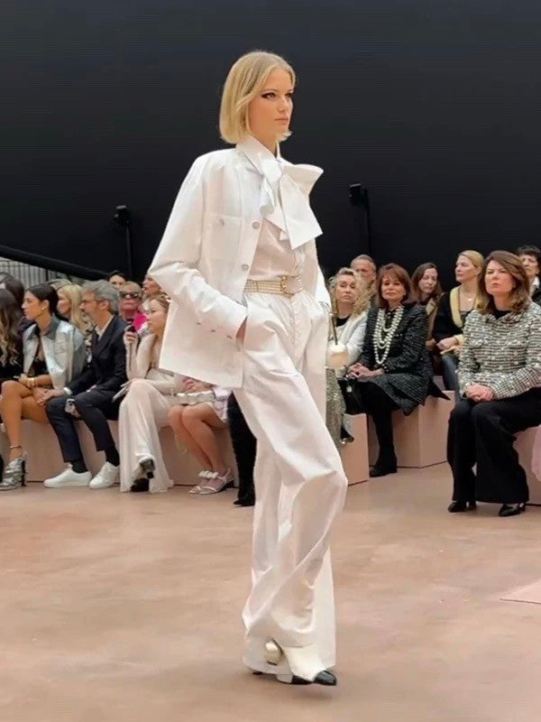 Women's Spring/Summer White Bow Cotton Collar Shirt Understated Luxury. Elegant and Refined Button-Up Long Sleeve Shirt  #194474