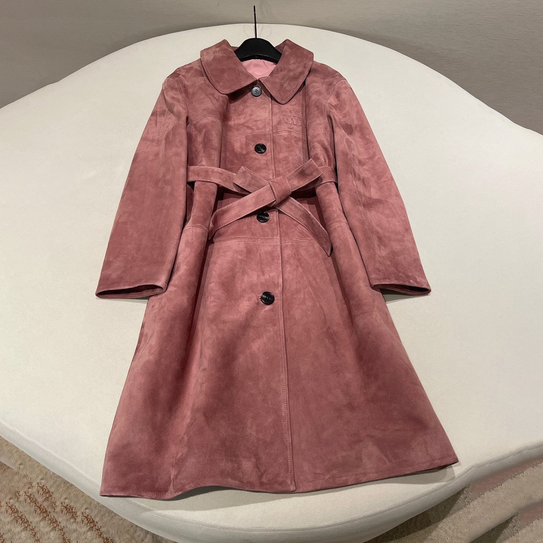 Women's Autumn and Winter Suede Pink Single Breasted Tie Waist Long Coat Jacket #98877