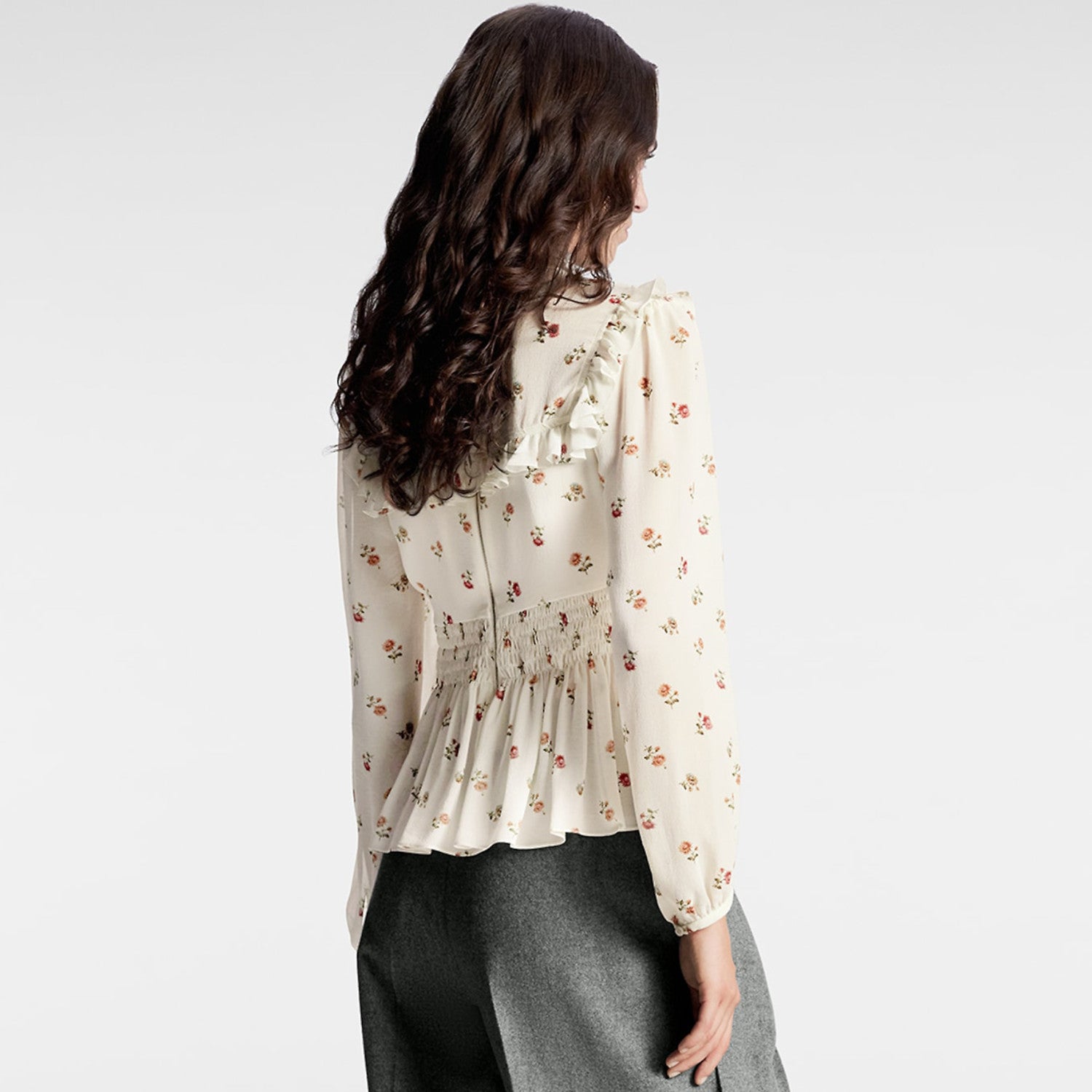 Women's Spring And Autumn Floral Printed Shirt Waisted Solid Silk Blouse Ruffled Long Sleeve Casual Fashion Tops Ngvp #8766