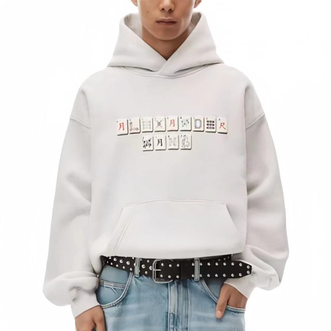 Alexander wang Men's Women's Spring And Autumn Solid Color Mahjong Pattern Long Sleeve Loose Hooded Sweatshirt Ngvp #7634
