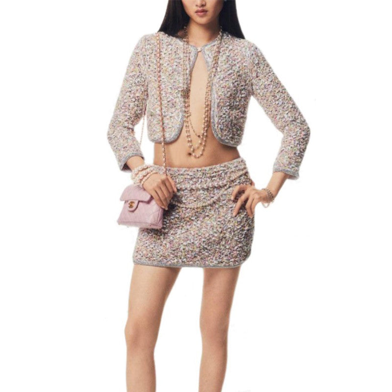 Women's Spring/Autumn Round Neck Rhinestone Trim Color Block Long Sleeve Cardigan Jacket Casual Tweed Stretch Skirt Ngvp #2274