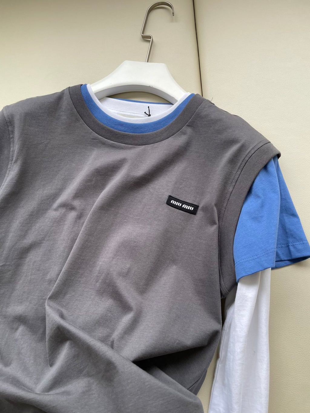 Women's Summer Clashing Color Embroidery Letter Logo Round Neck 3 Piece Layered T-Shirt Set #72878