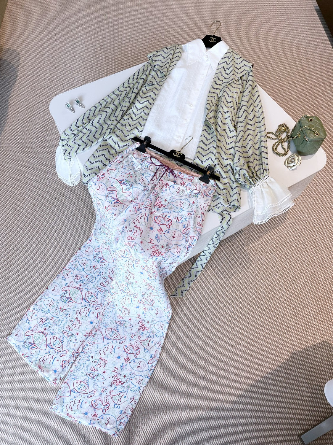 Women's Summer Colorful Fish Print Two Piece Silk Casual Pants #75883