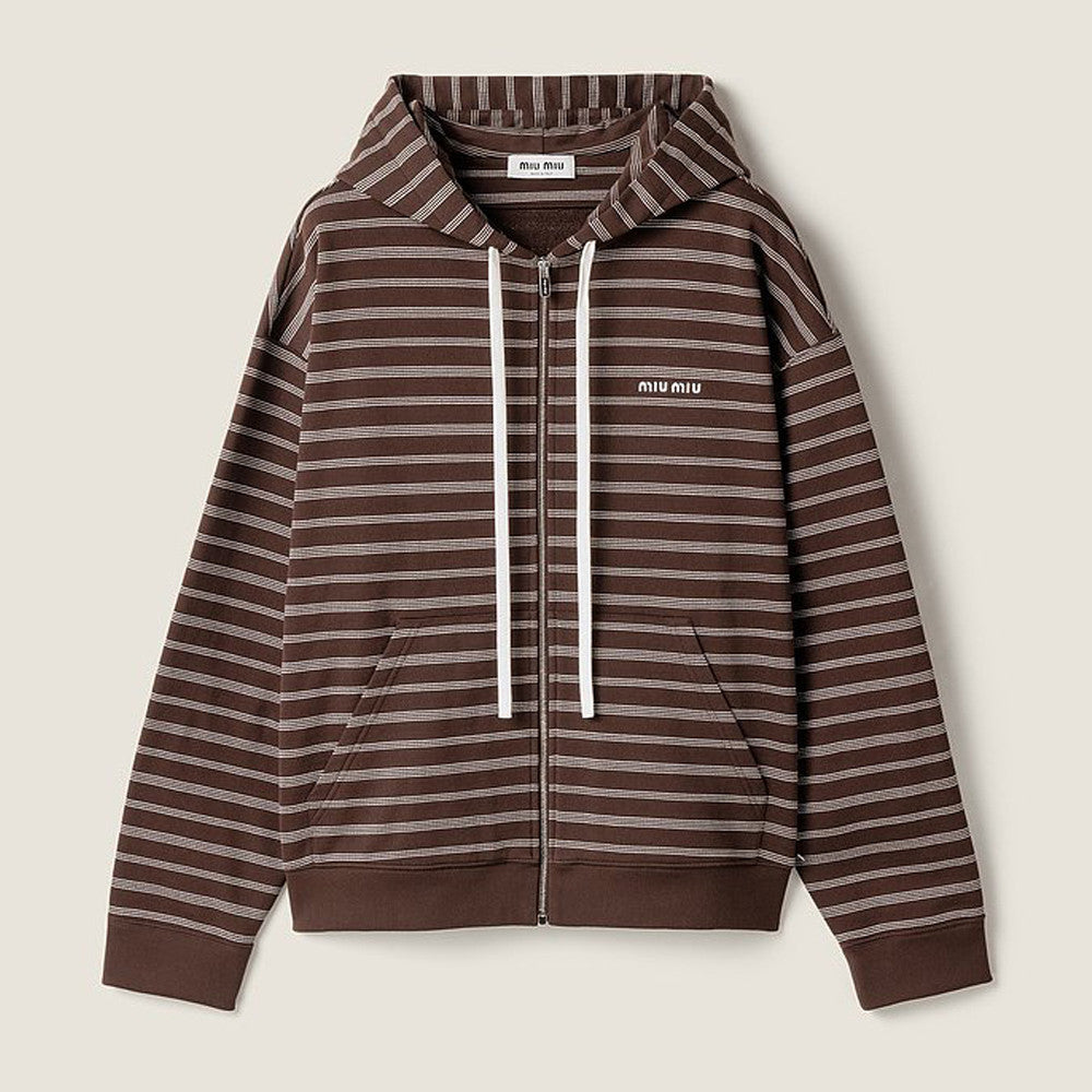 Women's Autumn/winter Brown Striped Cotton Fleece Hooded Jacket Knit Fashion Drawstring Trendy Casual Zipper Sweatshirt Jacket #82275A