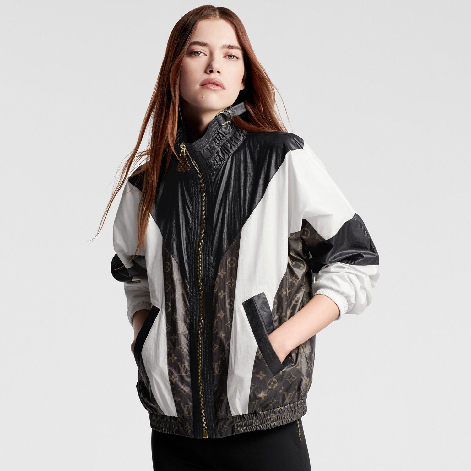 Women's Spring and Autumn Color Block Splicing Zipper Long Sleeve Jacket Lace Up Drawstring Casual Pants Set Suit #72389