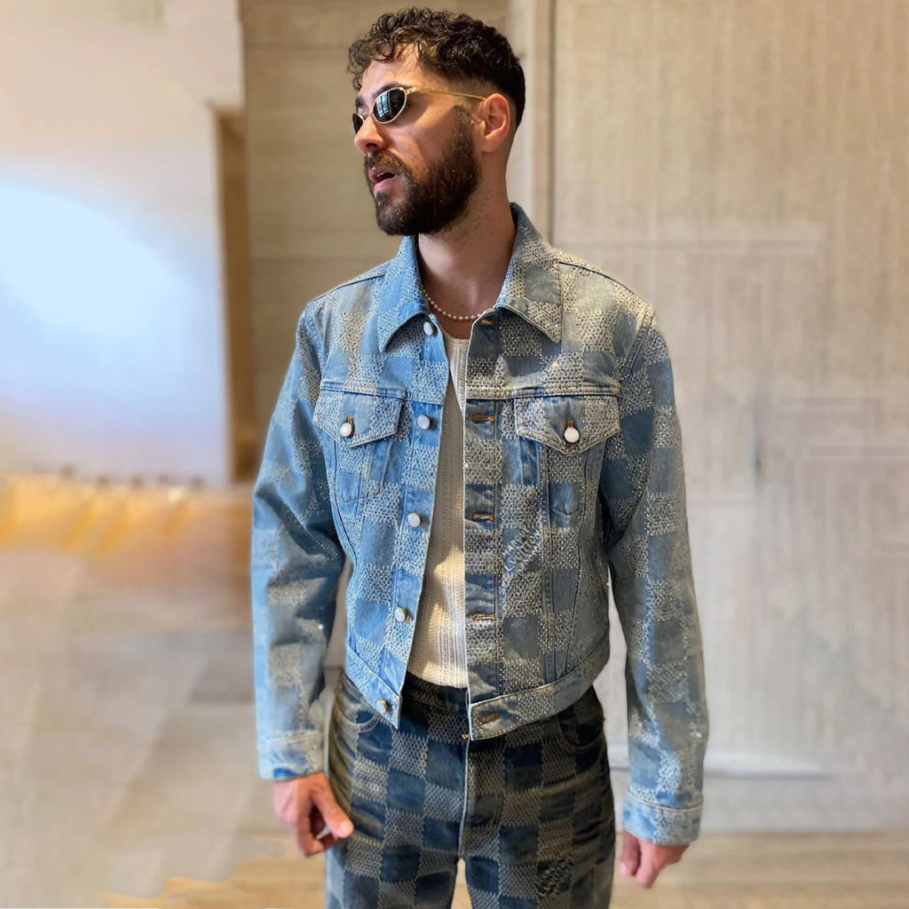 Men's Fall And Winter Mto Embellished Damier Denim Jacket Checkerboard Checkered Jacket With Diamonds Fashionable Versatile Jacket Ngvp #9126