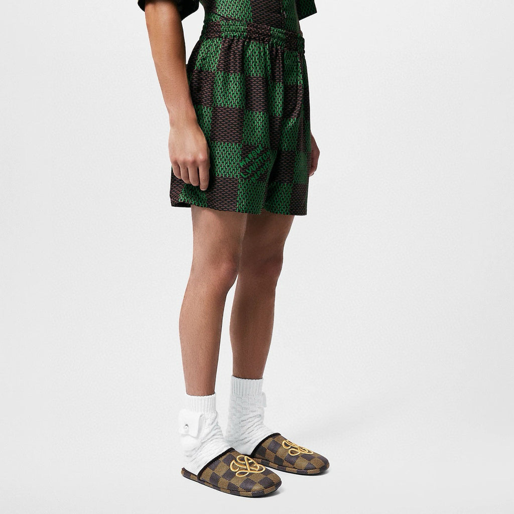 Men's Summer Green Checkerboard Logo Pattern Single Breasted Loose Short Sleeved Shirt High Waisted Elastic Leisure Shorts Pants Sei Suit #98616