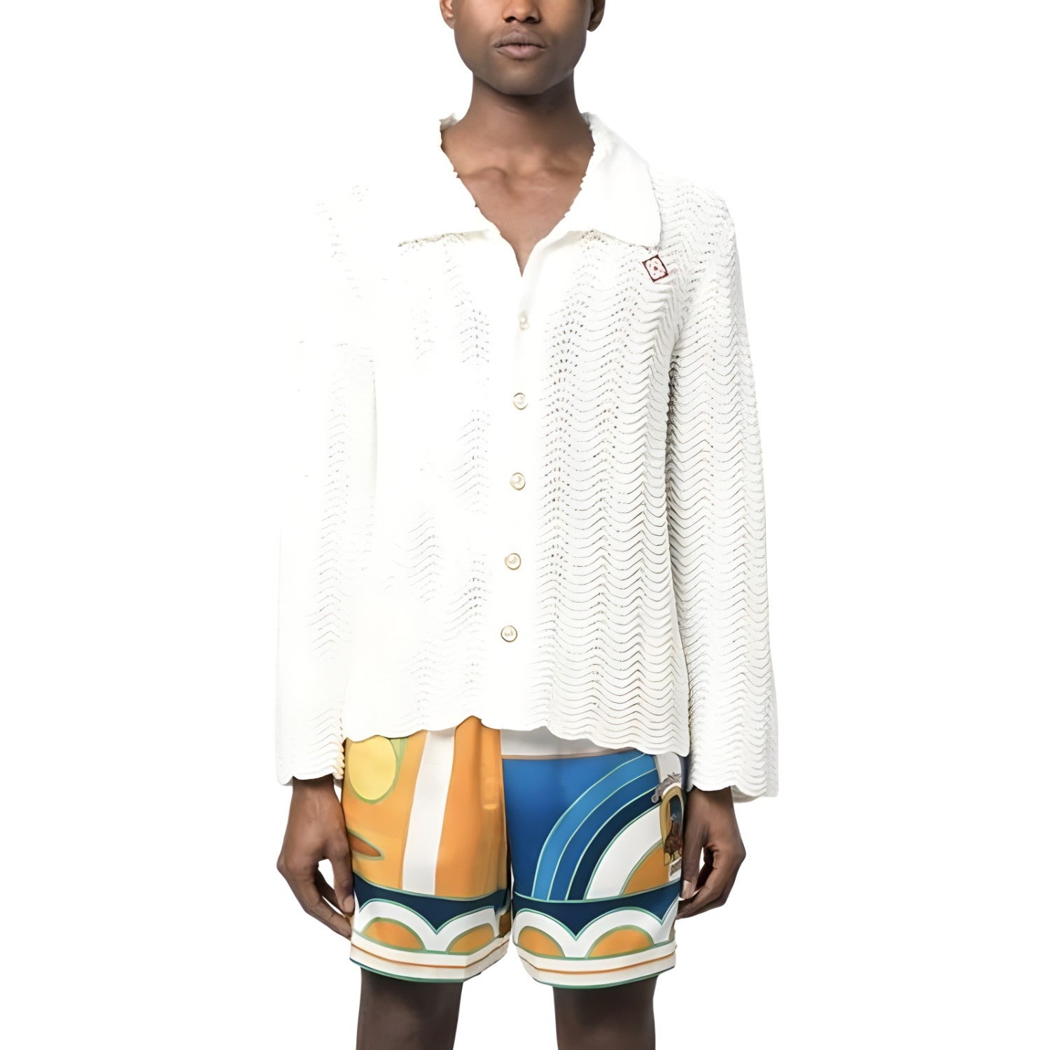 Men's Summer White Lapel Single Breasted Skeleton Long Sleeve Knit Jacket #72868