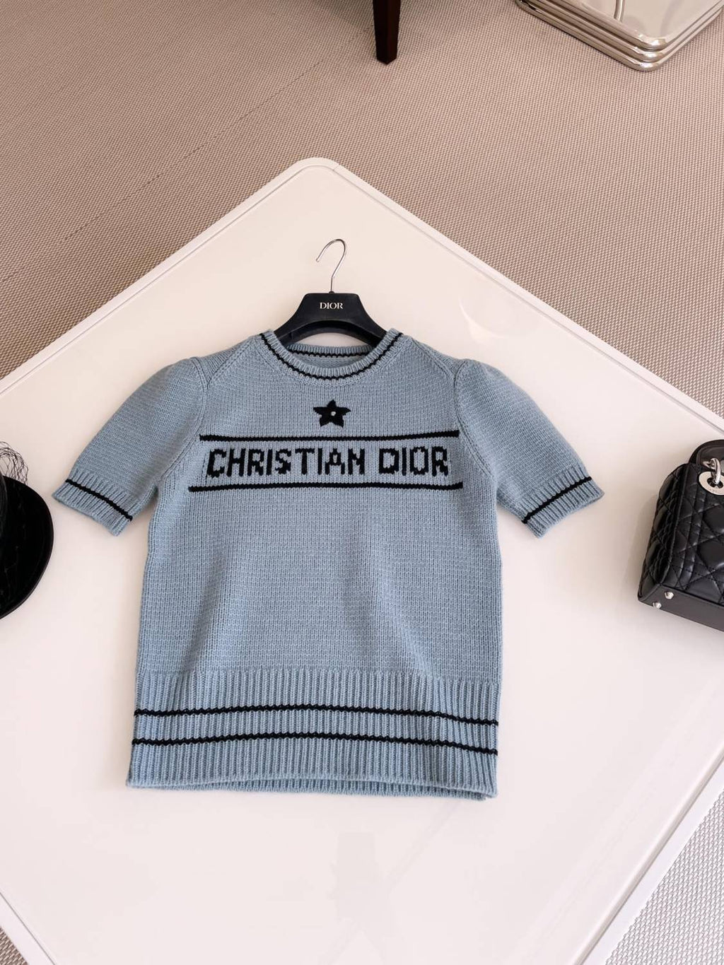 Women's Summer White Logo Round Neck Cashmere Knit Short Sleeve T-Shirt #74553