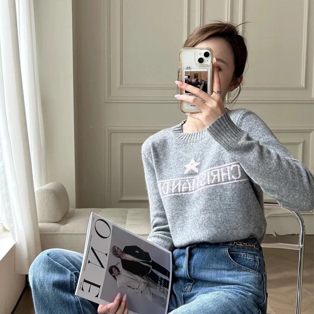 Women's Autumn And Winter Jacquard Knit Sweater Gray Pink 100% Cashmere Fabric With Logo Round Neck Long Sleeve Pullover Knitted Sweater #71784