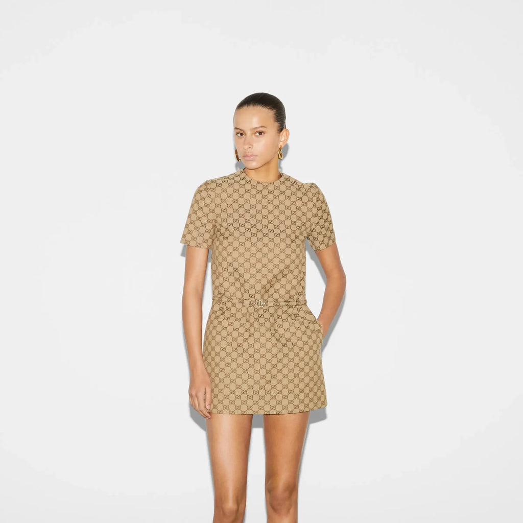 Women's Summer GG Jacquard Round Neck Canvas Short Sleeve Solid Color Fitted Dresses #71756