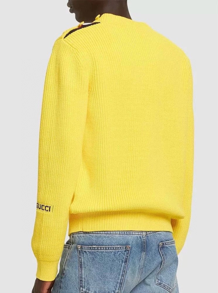 Men's Spring Summer Yellow Round Neck Loose Knit Long Sleeve Sweater #72843