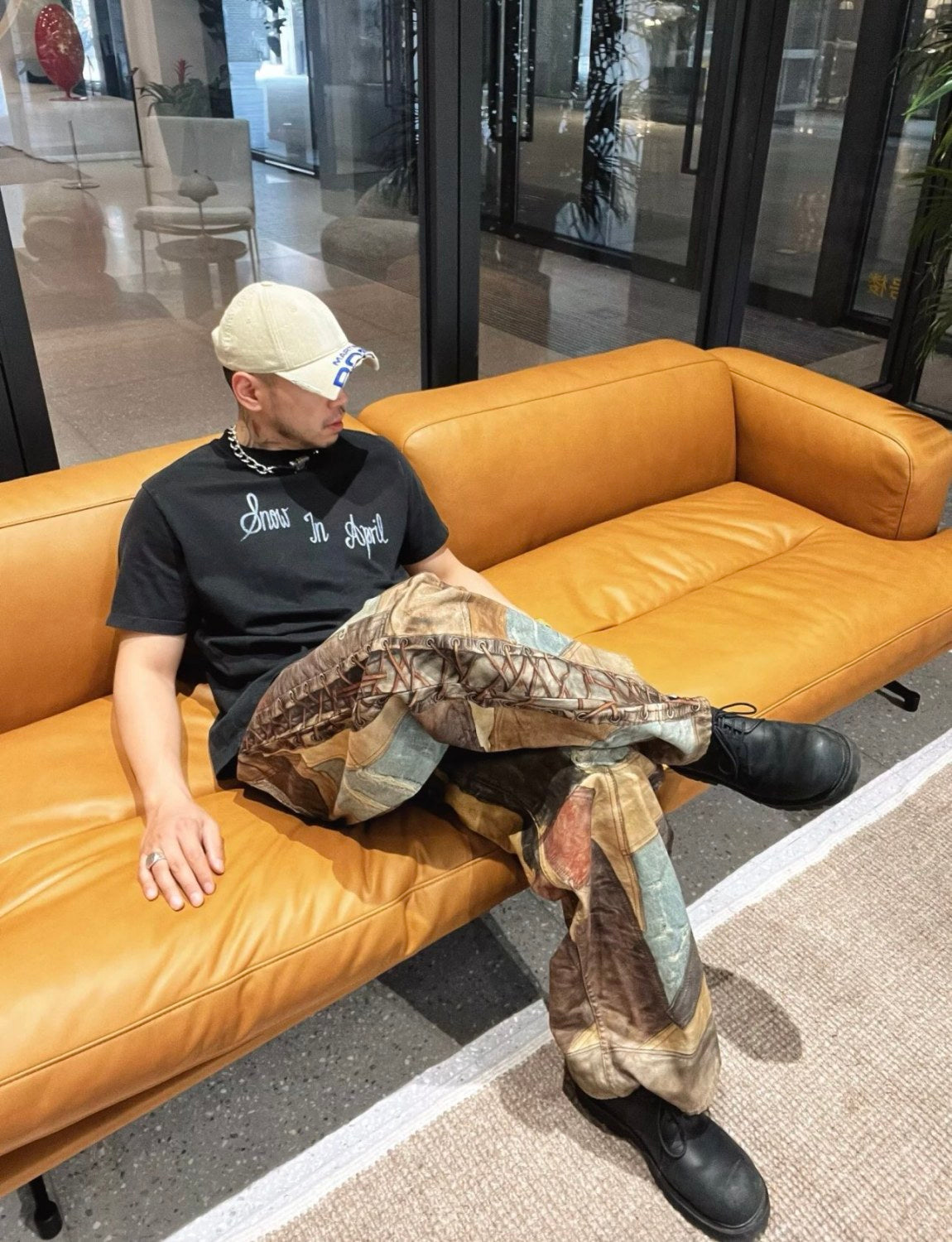 Men's Four Seasons Vintage Mud Dye Spliced Printed Loose Cotton Mid Waist Wide Leg Denim Pants Ngvp #8369