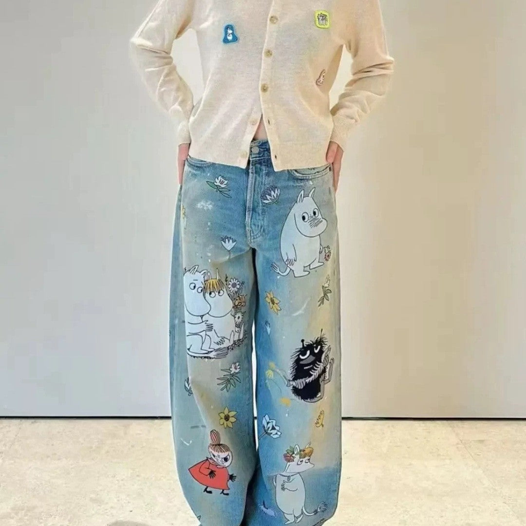 X Moomin Women's Spring/summer Straight Leg Casual Anime Print Fashionable High Street Wide Leg Loose Fit Denim Pants Ngvp #2176
