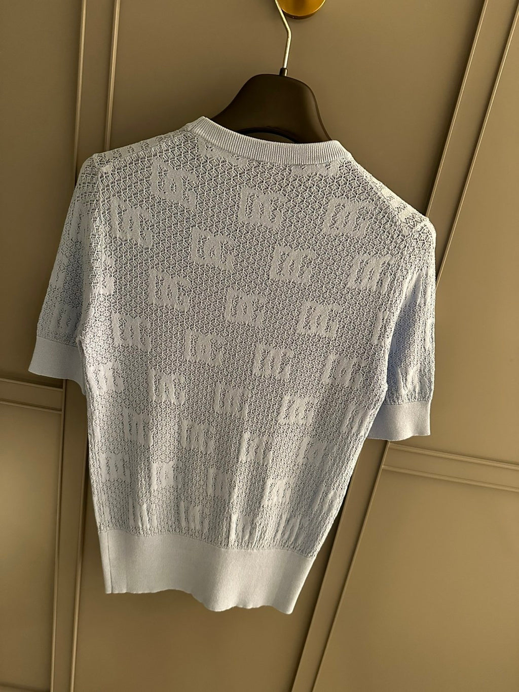 Women's Summer Blue Letter Jacquard Knit Round Neck Short Sleeve T-Shirt #73563