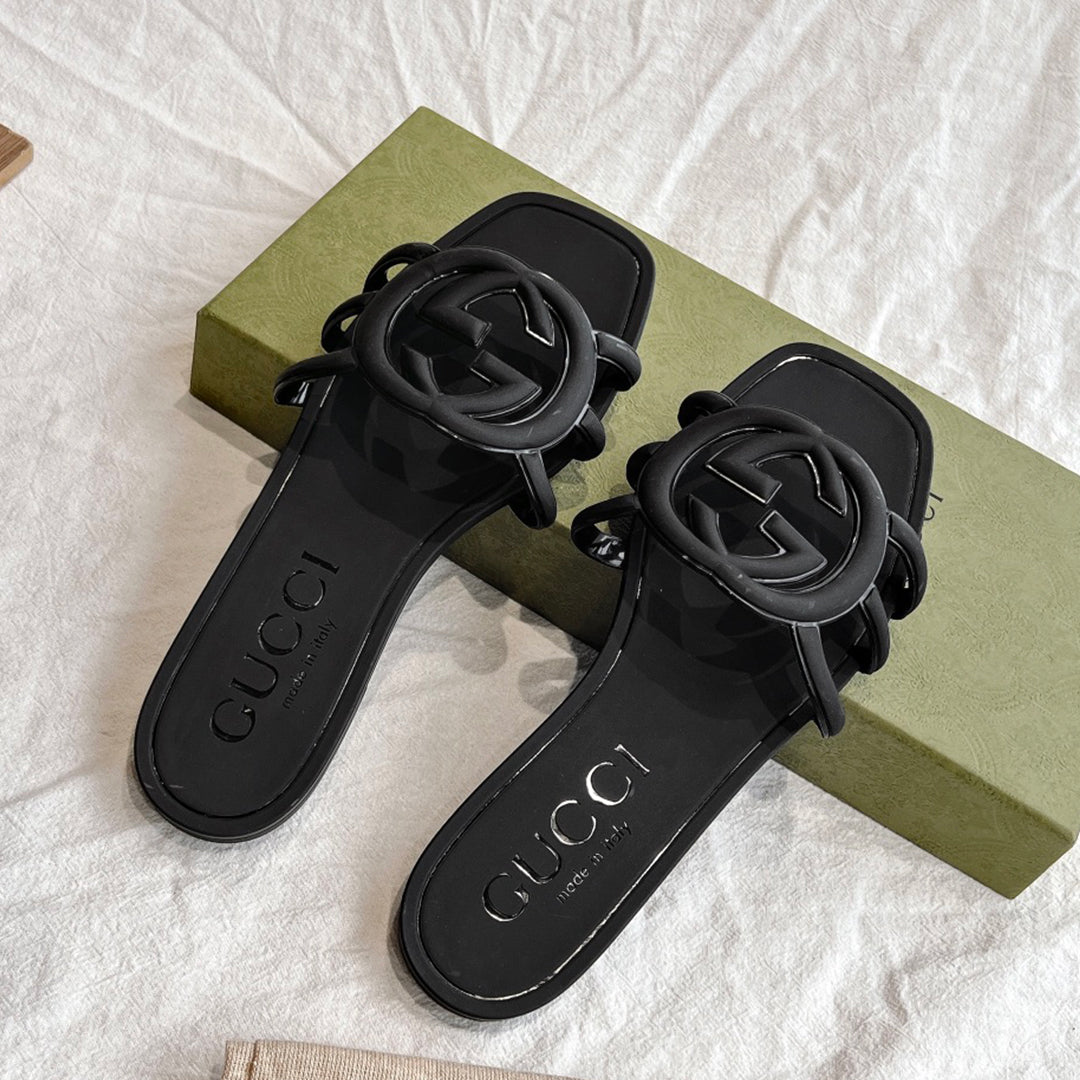 GG  Women's Summer Double G Hollow out Square Head Flat Slippers Solid Color Casual Shoes #81341