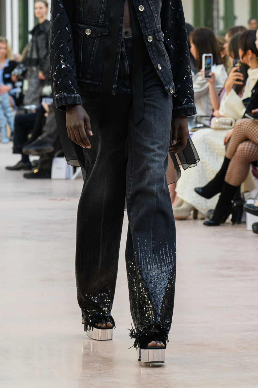 Women's Spring/summer Sequined Fringe Straight-leg Pants Black And White Denim Loose-fit Wide-leg  Long Pants Trousers Ngvp #2169