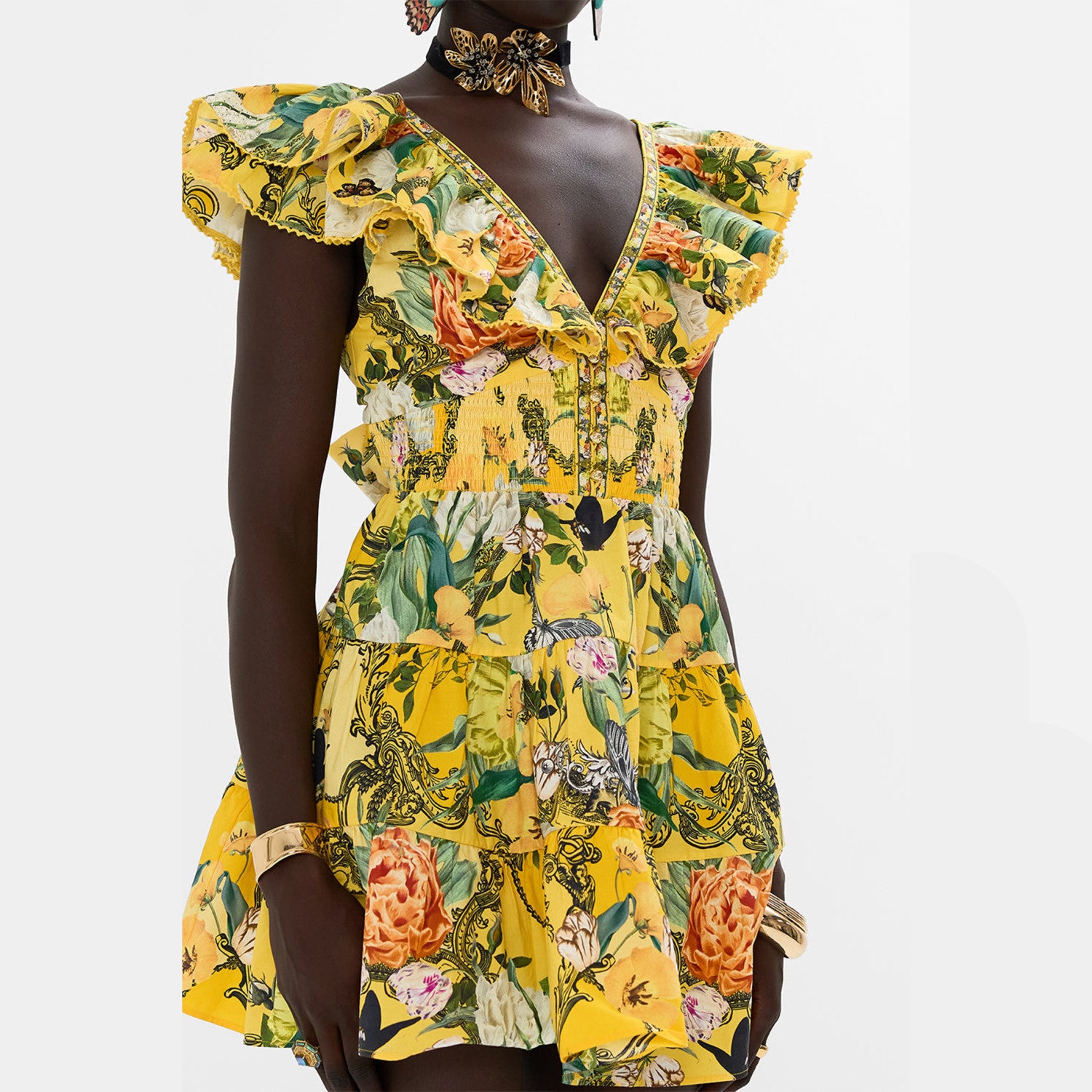 Camilla Women's Summer Printed V-neck Rhinestone Embellished Cotton Ruffle Waisted Mini Dresses Ngvp #8918