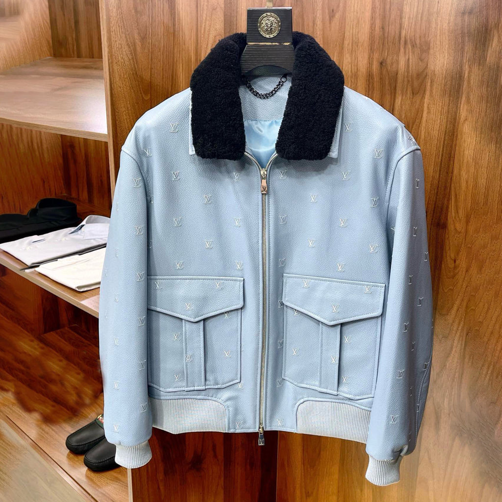 Men's Fall/winter Pilot Drawstring Jacket Solid Color Logo Jacquard Hair Collar Colorblocking Leather Jacket #71553