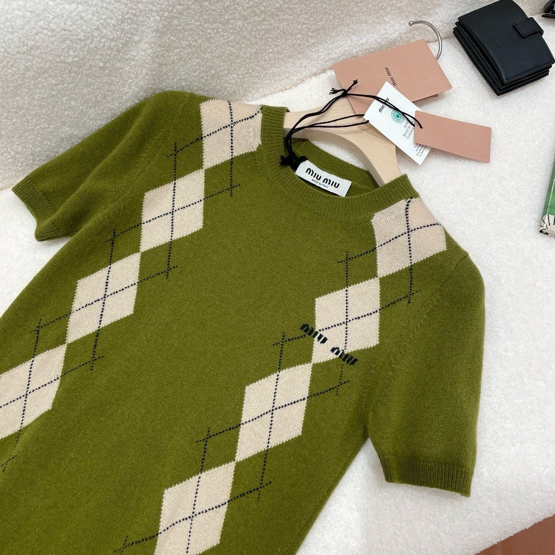 Women's Summer Colorblocking Diamond Appliqu Knit Round Neck Slim Short Sleeve Cashmere T-shirt #73852