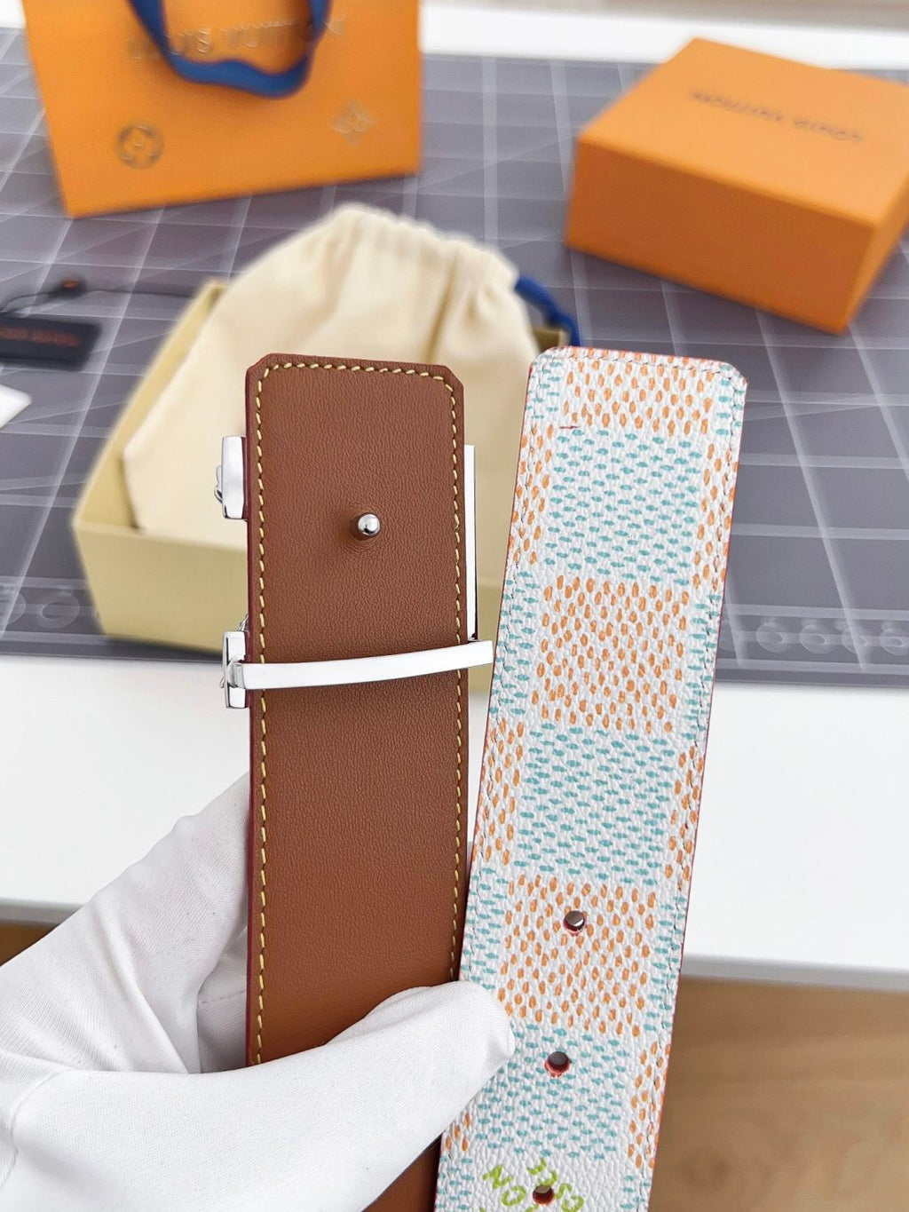 Men's Metal Eagle Buckle Color Checkered Letter Logo Leather Belt Accessory #72695