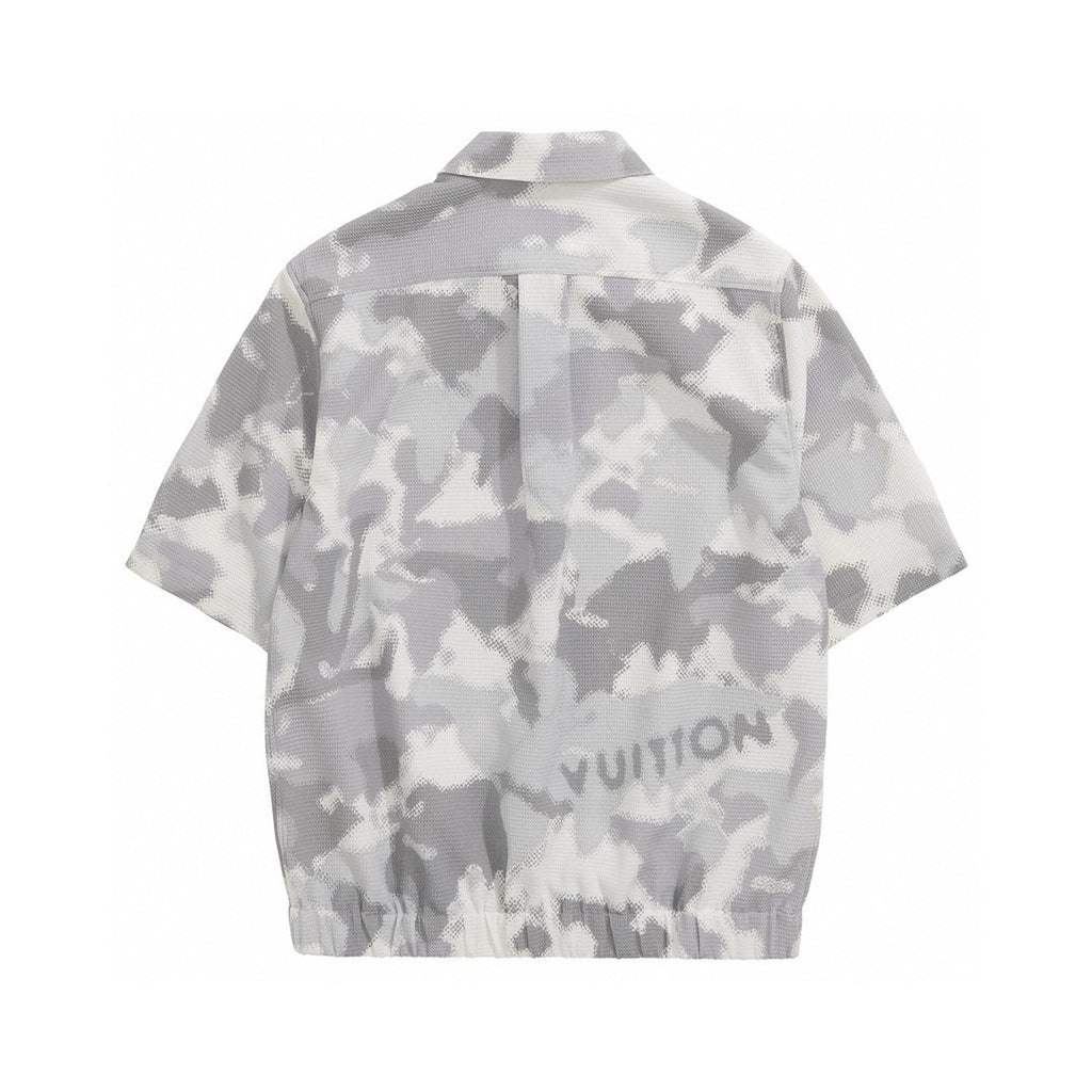 Men's Gray Summer Cotton Blend Single Breasted Camouflage Short Sleeve Fitted Shirt Ngvp #8211