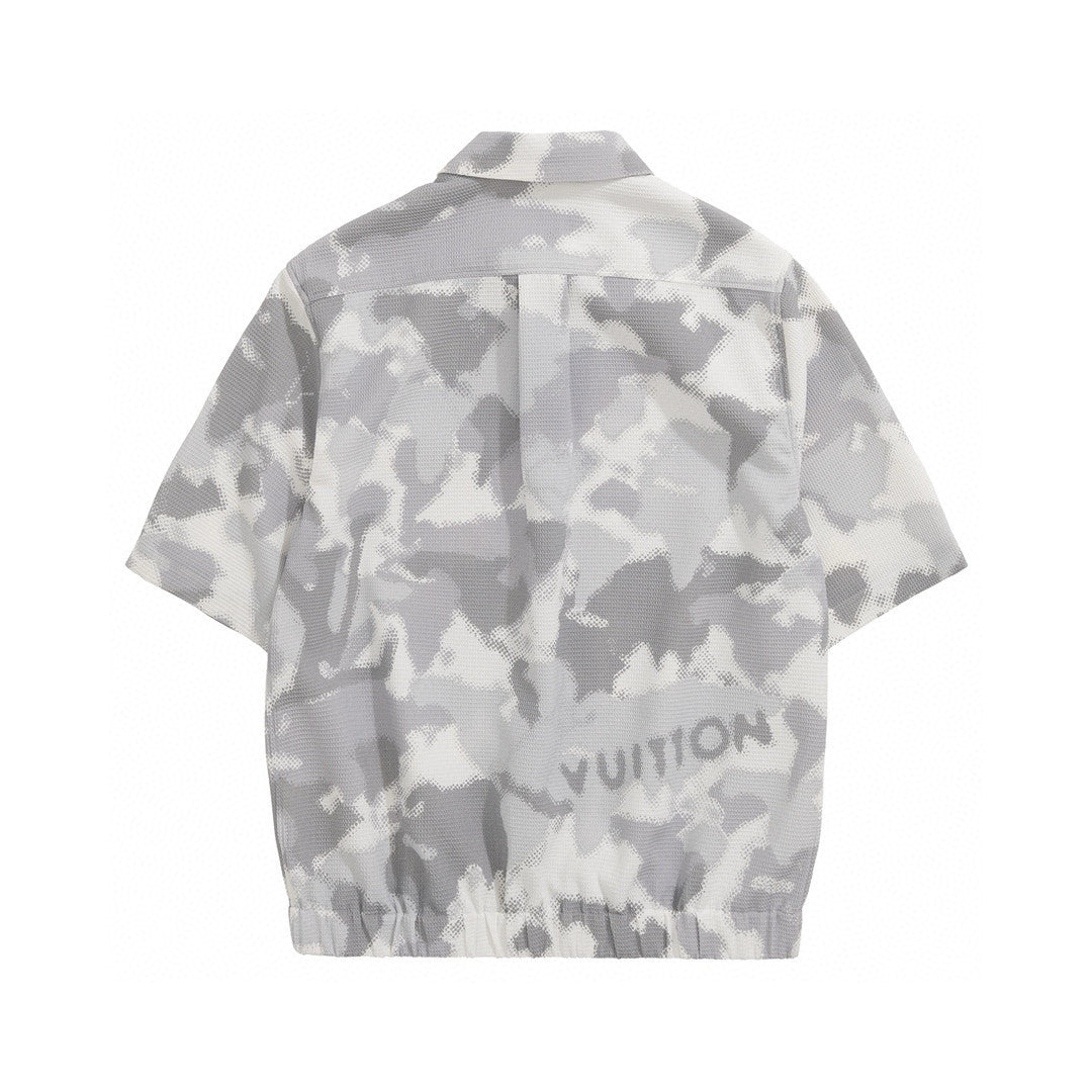 Men's Gray Summer Cotton Blend Single Breasted Camouflage Short Sleeve Fitted Shirt Ngvp #8211
