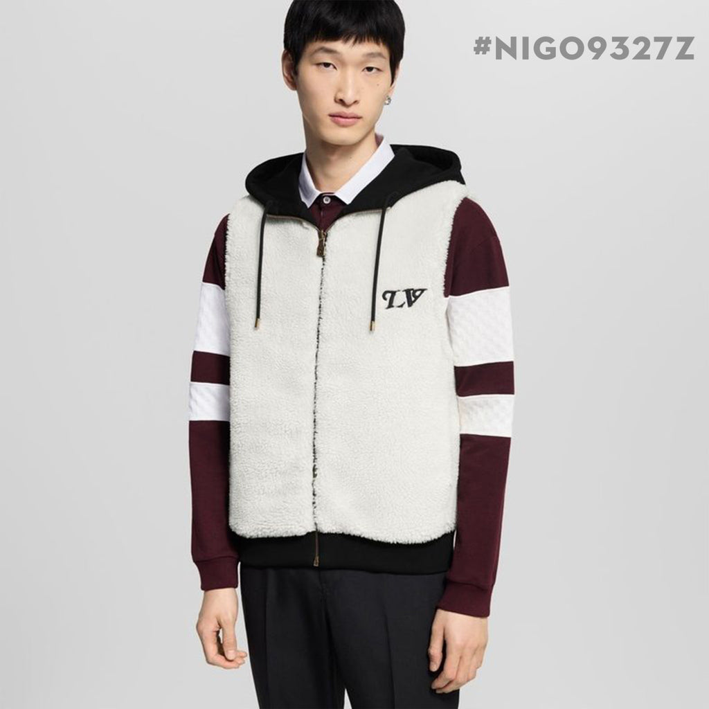 1VMen's Reversible Shearling Hooded Vest With Embroidered Badge Sleeveless Fashion Jacket For Fall/winter #9327Z