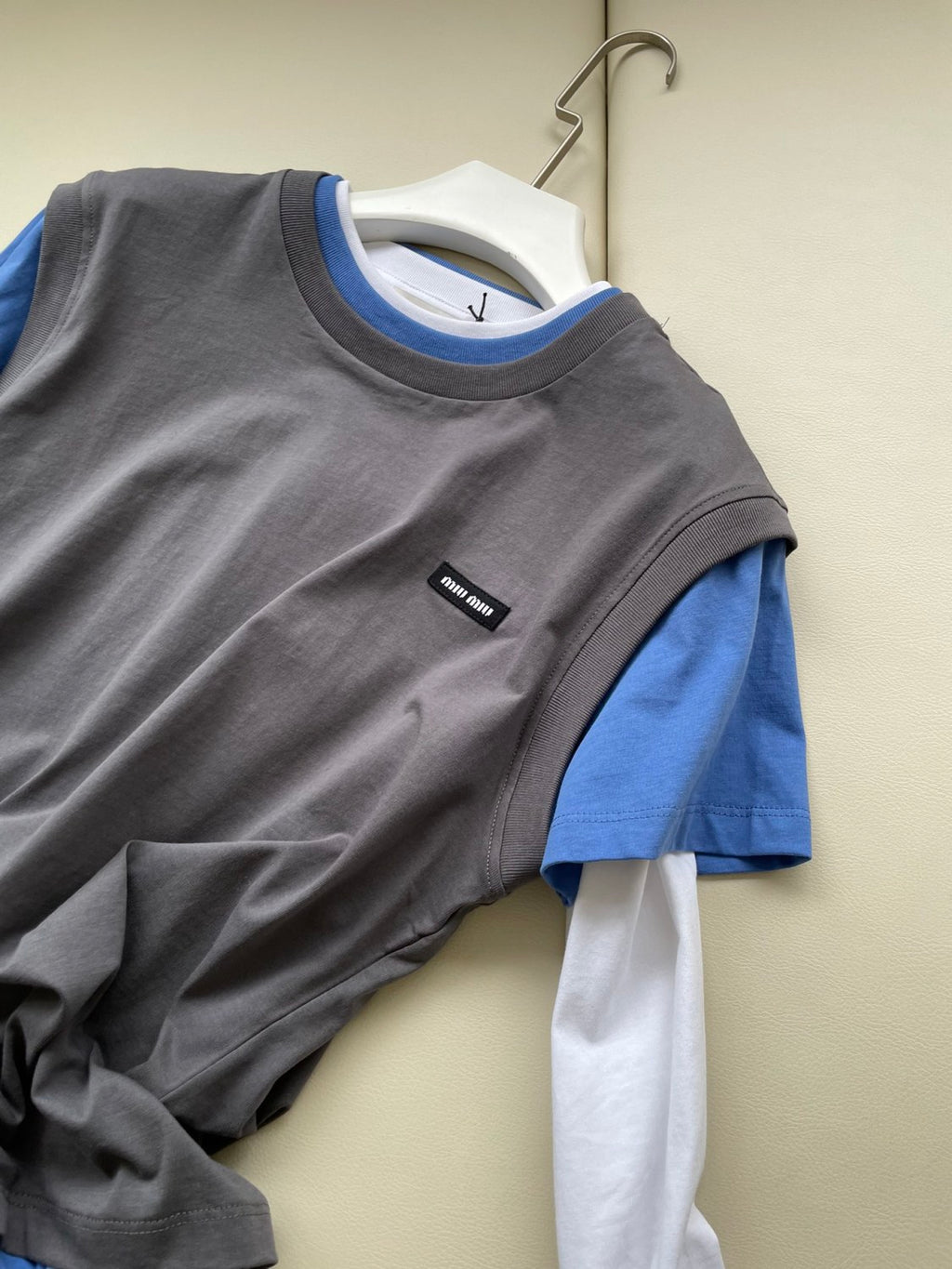 Women's Summer Clashing Color Embroidery Letter Logo Round Neck 3 Piece Layered T-Shirt Set #72878