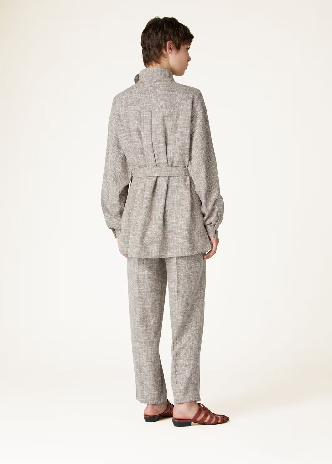 Women's Spring And Autumn Solid Color Standing Collar Single-Breasted Belt Wool Blend Ardian Jacket Casual High-Waisted Lien Pants Ngvp #9161