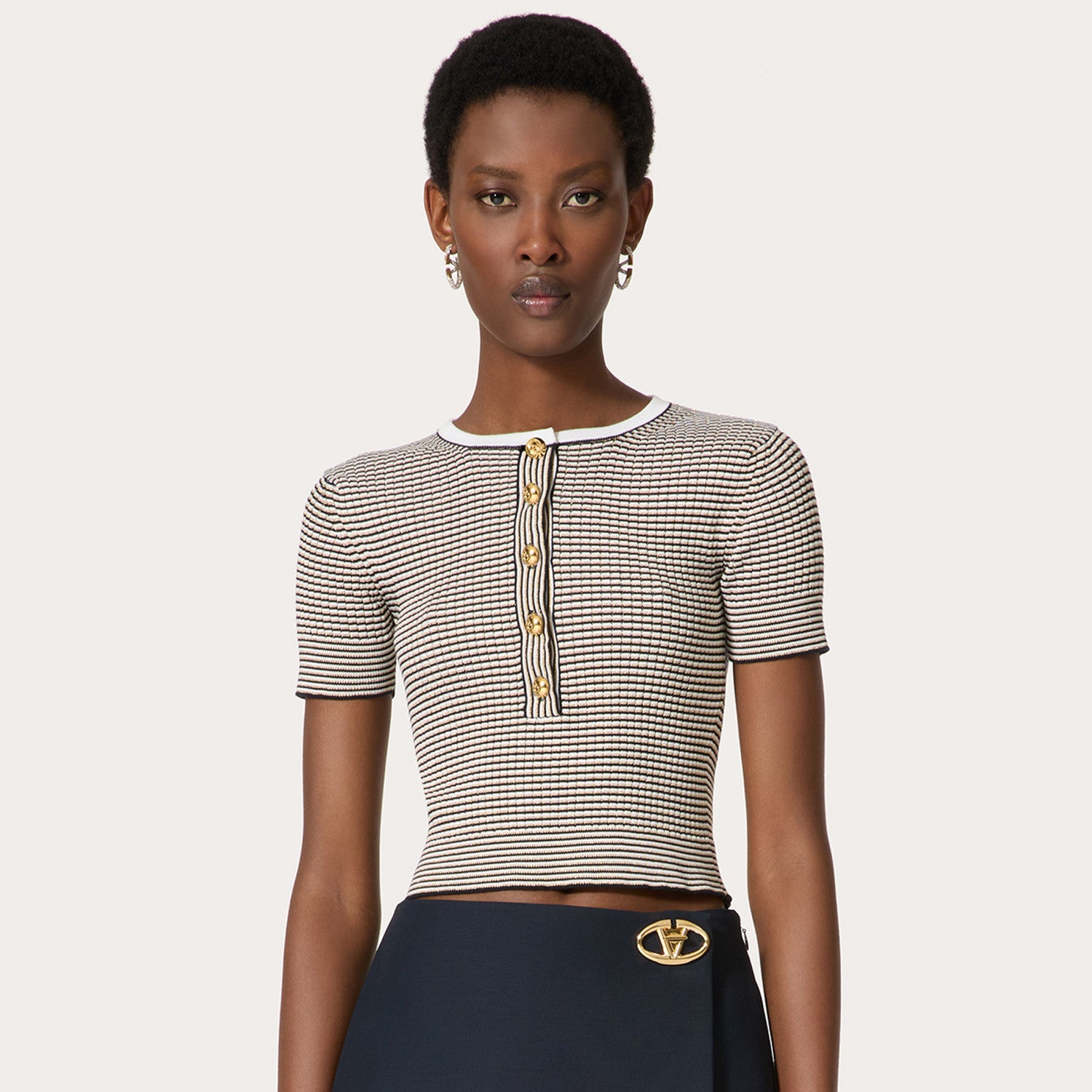 Women's Summer Striped Colorblocking Knit Short Sleeve Top Fashion Casual Fit Round Neck Button Down T-shirt Ngvp #8937