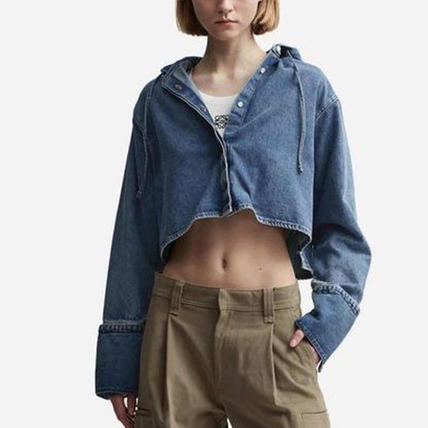 Women's Spring And Fall Tannin Short Hooded Shirt Washed Cotton Loose Casual Single Breasted Jacket #72321