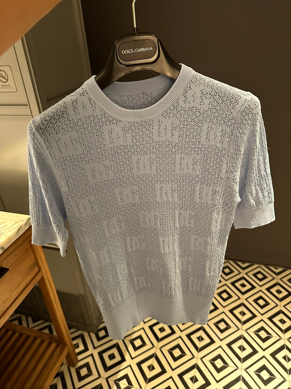 Women's Summer Blue Letter Jacquard Knit Round Neck Short Sleeve T-Shirt #73563