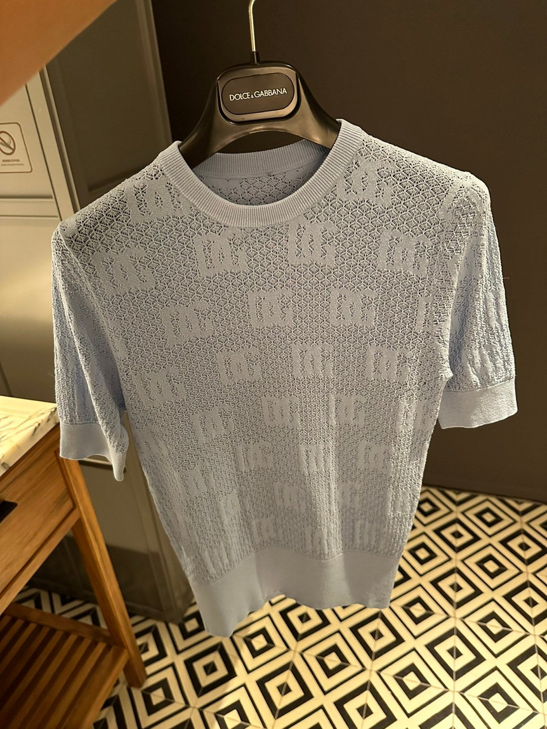 Women's Summer Blue Letter Jacquard Knit Round Neck Short Sleeve T-Shirt #73563