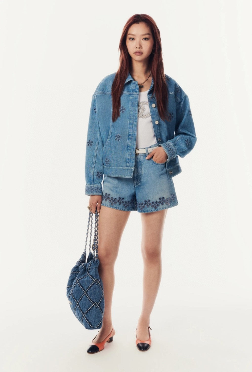 Women's Spring And Fall Blue Hollow Camellia Embroidery Printing Single breasted Long sleeved Denim Jacket Denim Shorts Suit Set #72615