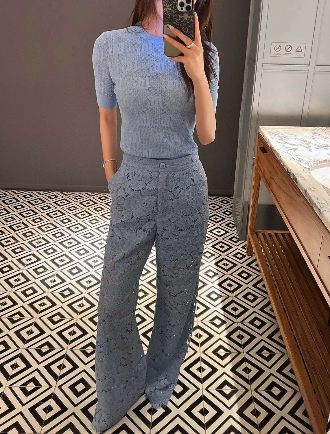 Women's Summer Blue Lace Hollow Out Breathable Pants #73564